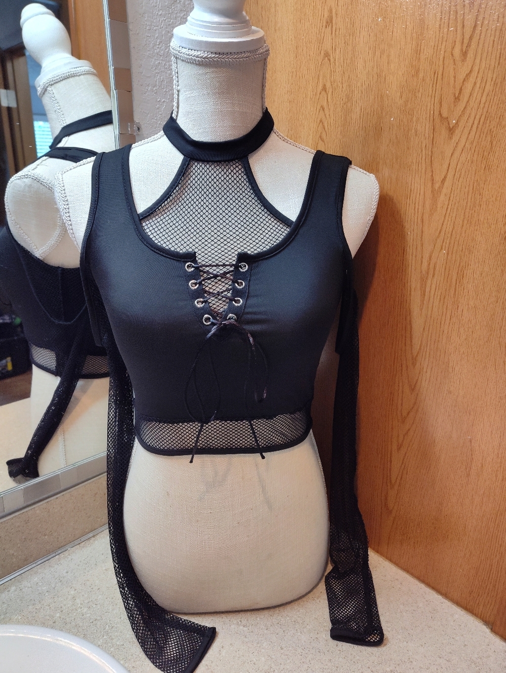 Black Lace-Up Mesh Crop Top - Women